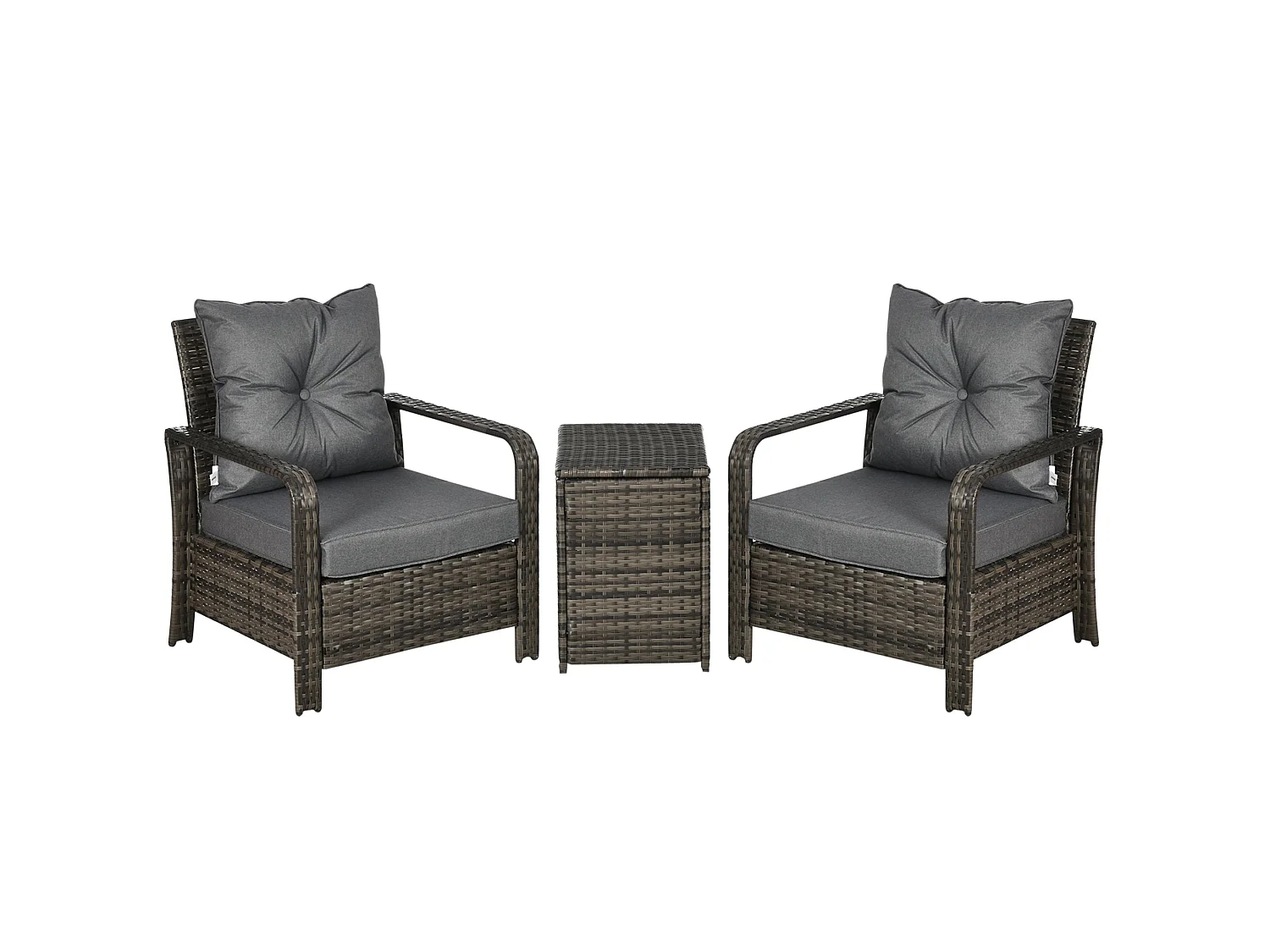 Ziha Grey 3 Piece Rattan Bistro Set Cushioned Armchairs with 72L Storage Coffee Table