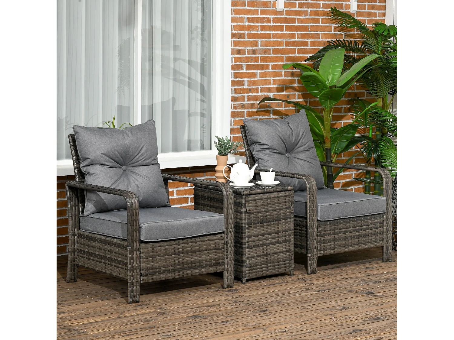 Ziha Grey 3 Piece Rattan Bistro Set Cushioned Armchairs with 72L Storage Coffee Table