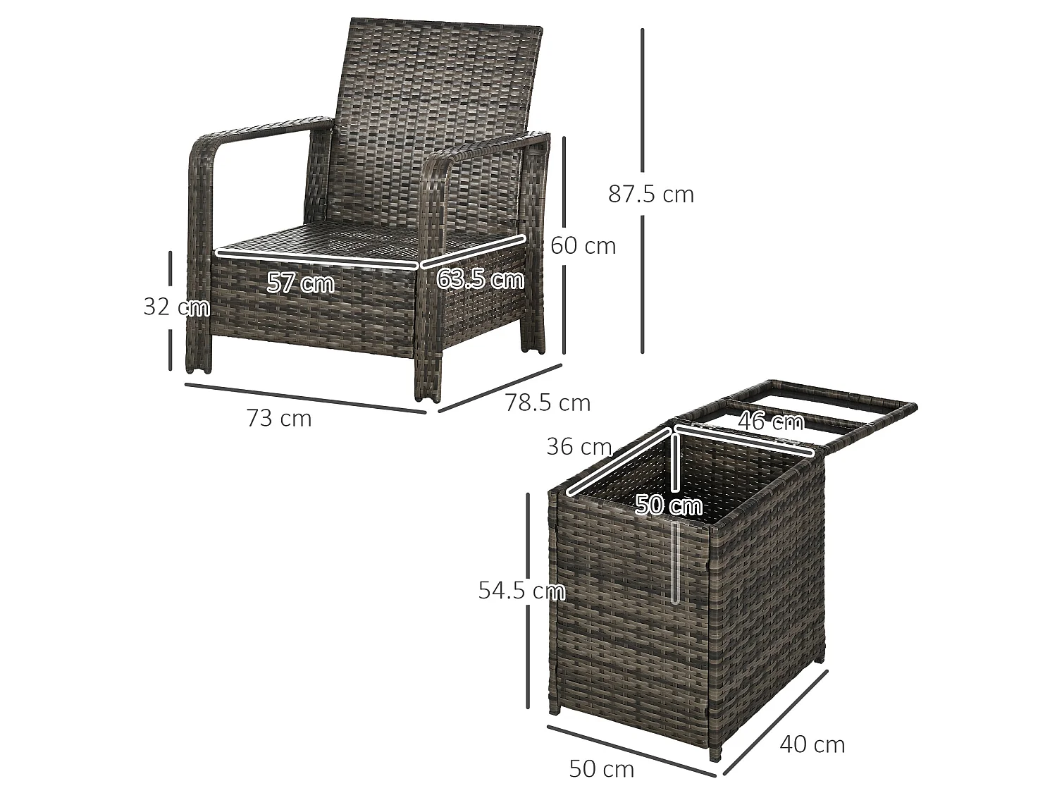 Ziha Grey 3 Piece Rattan Bistro Set Cushioned Armchairs with 72L Storage Coffee Table