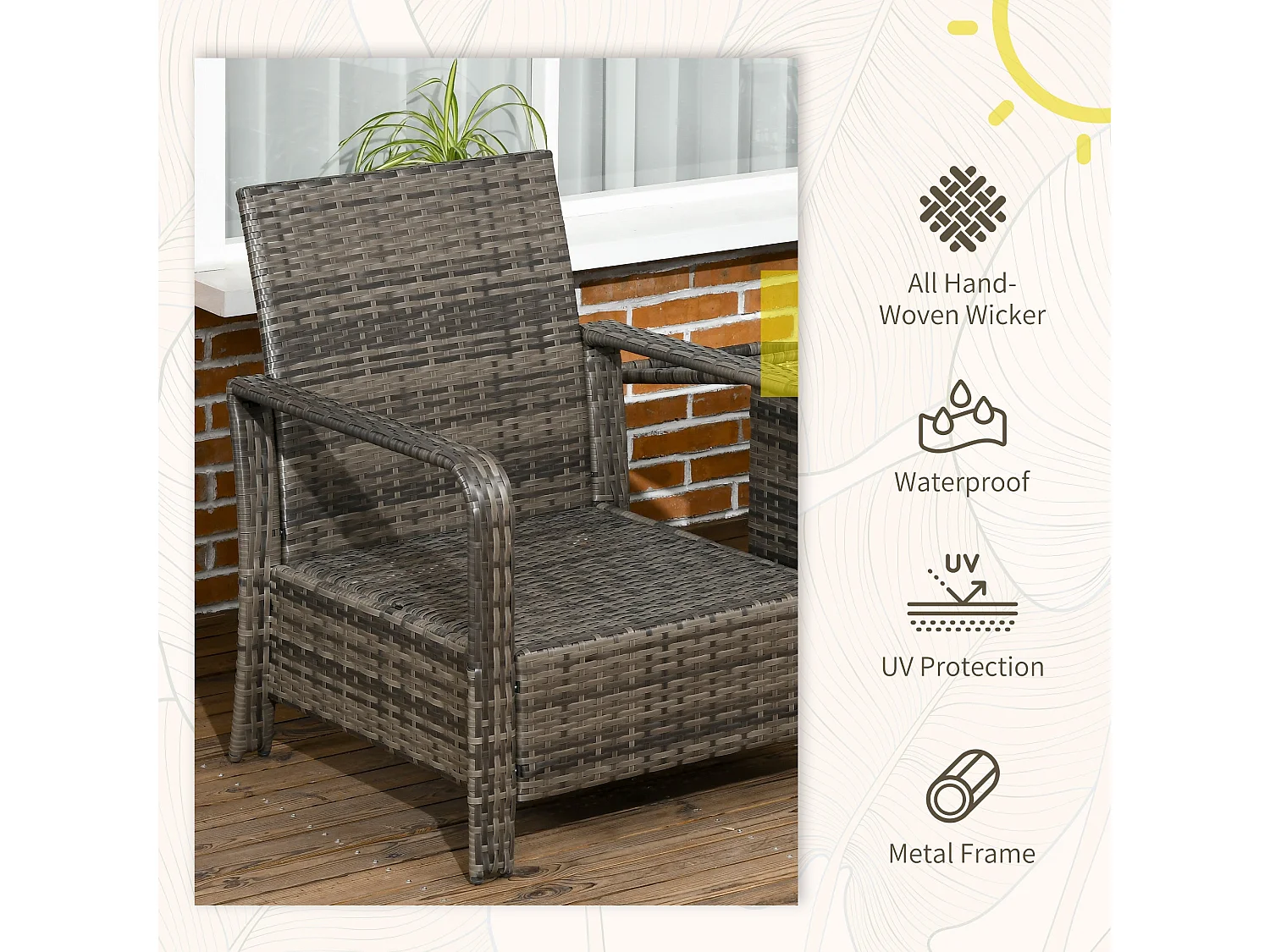 Ziha Grey 3 Piece Rattan Bistro Set Cushioned Armchairs with 72L Storage Coffee Table