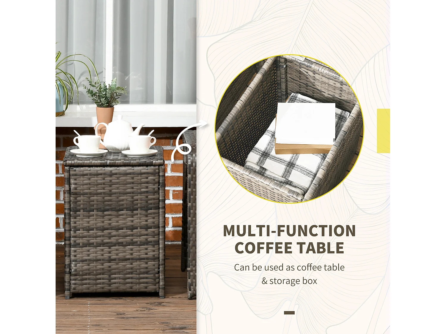 Ziha Grey 3 Piece Rattan Bistro Set Cushioned Armchairs with 72L Storage Coffee Table