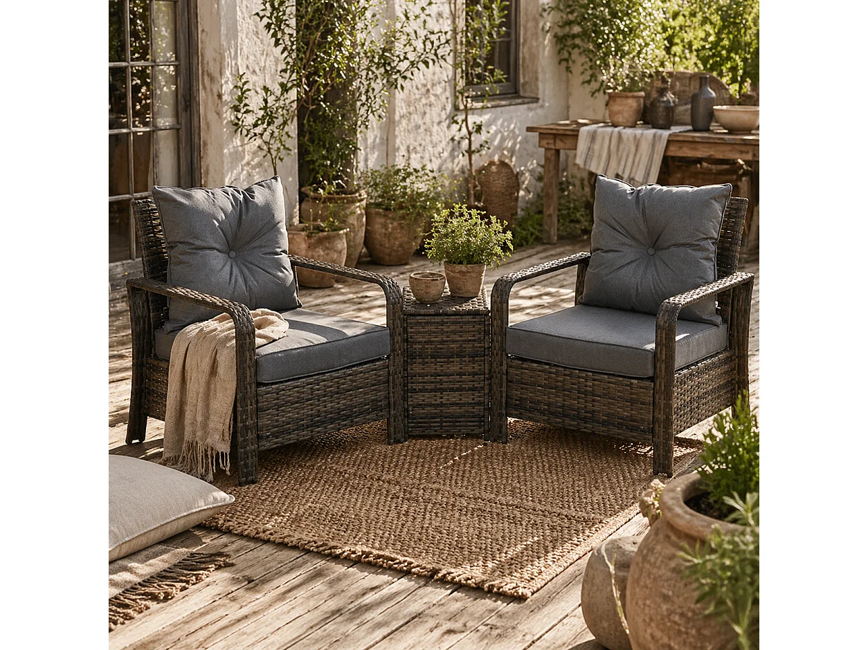 Ziha Grey 3 Piece Rattan Bistro Set Cushioned Armchairs with 72L Storage Coffee Table