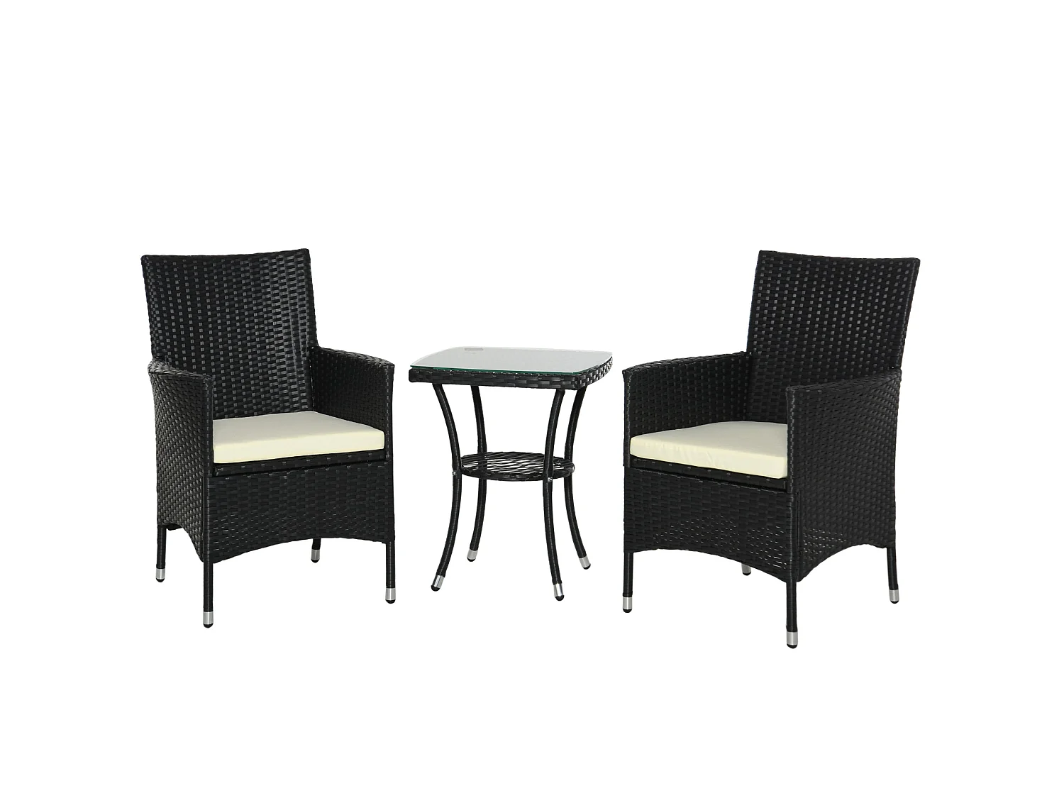 Rafifi Black 3 Piece Rattan Bistro Set with Cushioned Armchairs and 2 Tier Coffee Table