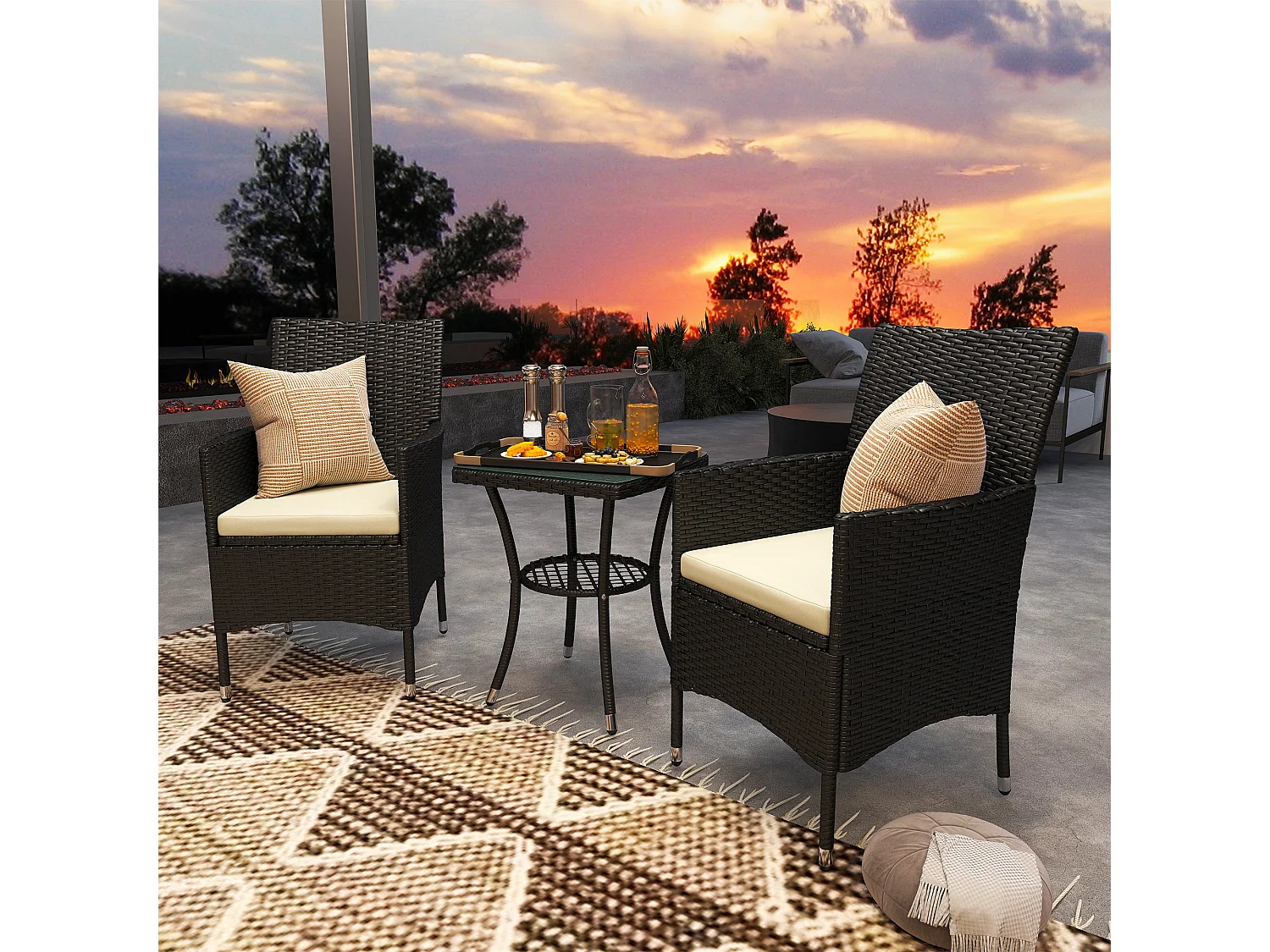 Rafifi Black 3 Piece Rattan Bistro Set with Cushioned Armchairs and 2 Tier Coffee Table
