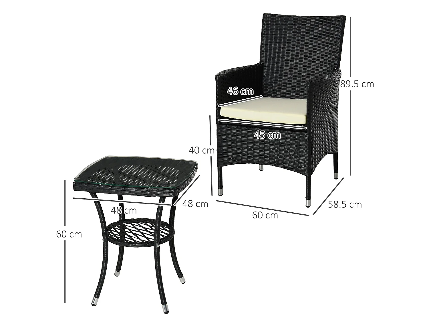 Rafifi Black 3 Piece Rattan Bistro Set with Cushioned Armchairs and 2 Tier Coffee Table
