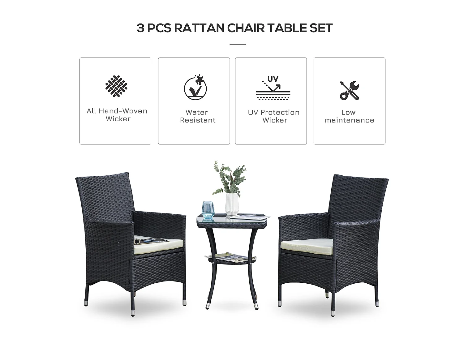 Rafifi Black 3 Piece Rattan Bistro Set with Cushioned Armchairs and 2 Tier Coffee Table