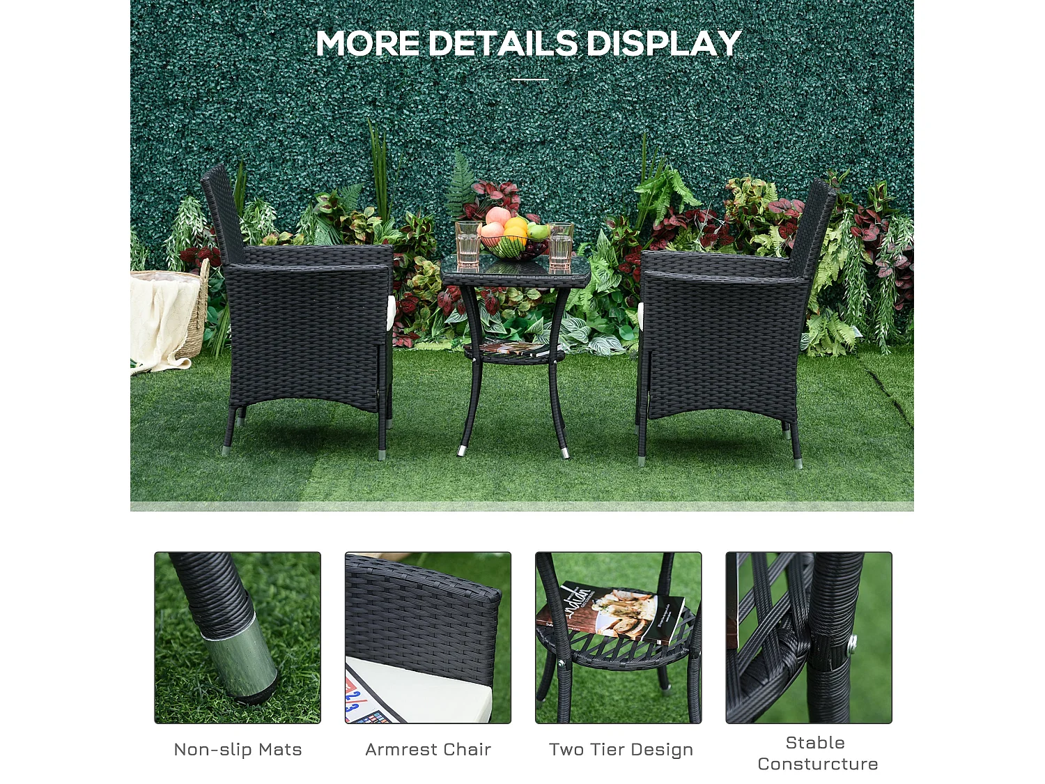 Rafifi Black 3 Piece Rattan Bistro Set with Cushioned Armchairs and 2 Tier Coffee Table