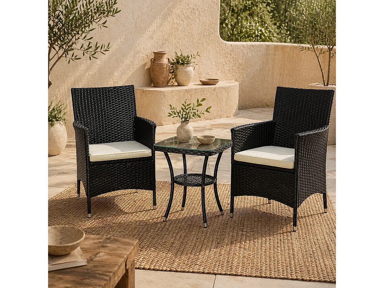 Rafifi Black 3 Piece Rattan Bistro Set with Cushioned Armchairs and 2 Tier Coffee Table