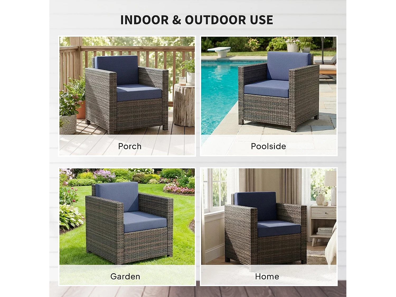 Zivi Faux Rattan Mixed Brown and Navy Garden Armchair with Cushion