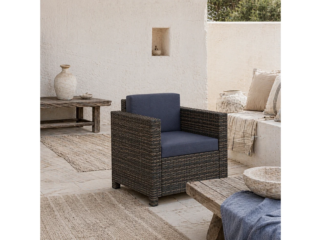 Zivi Faux Rattan Mixed Brown and Navy Garden Armchair with Cushion