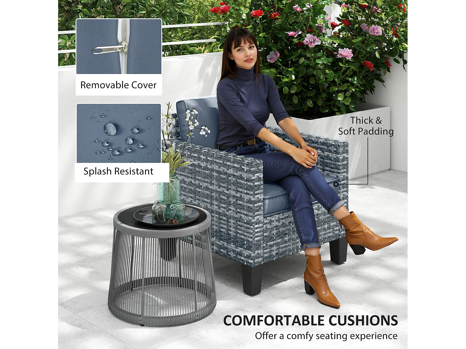 Resa Rattan Grey Single Outdoor Armchair with Removable Cushion