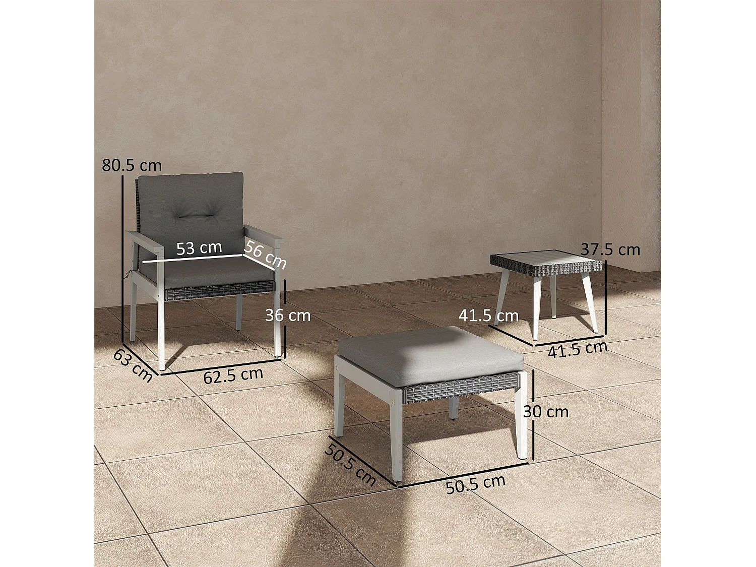 Nosalu Grey Rattan 5 Piece Outdoor Bistro Set with Acacia Table and Footstools