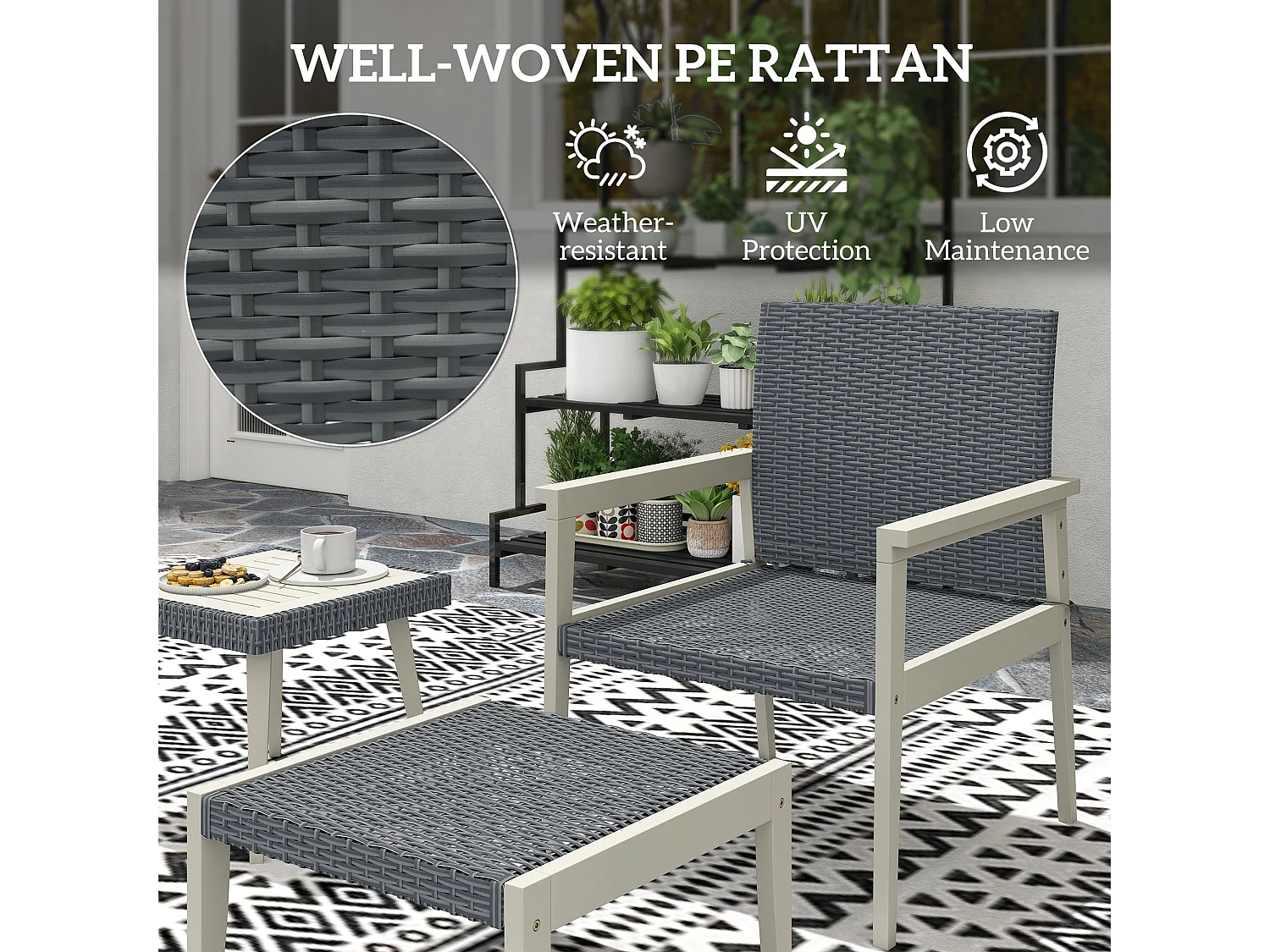 Nosalu Grey Rattan 5 Piece Outdoor Bistro Set with Acacia Table and Footstools