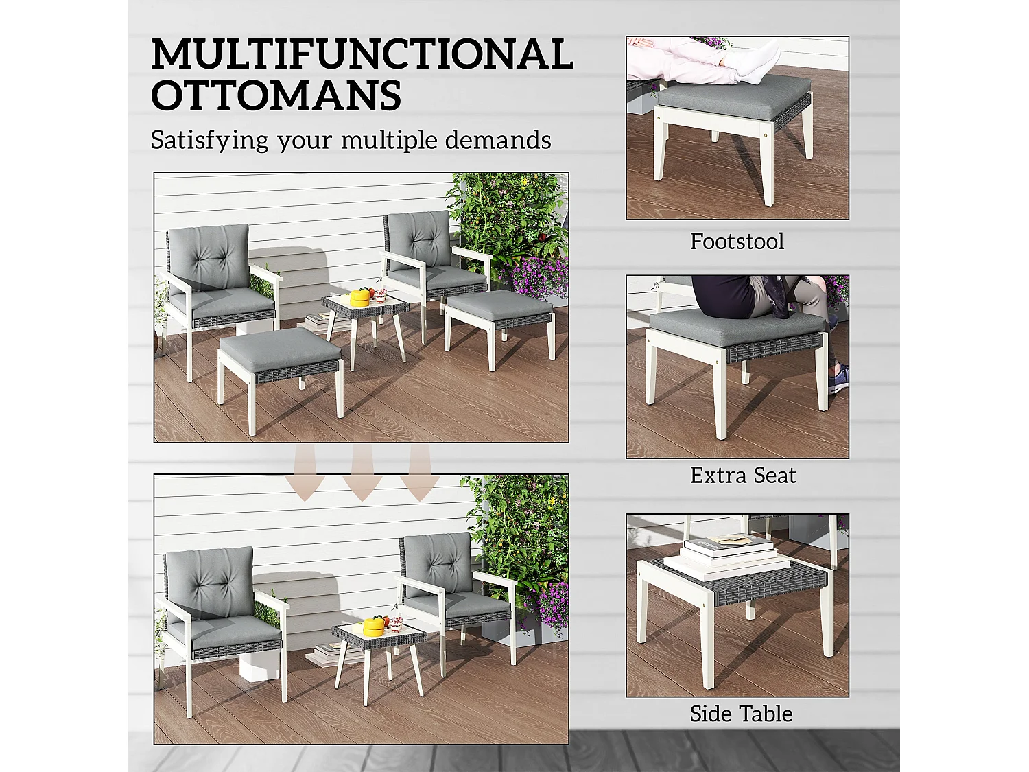 Nosalu Grey Rattan 5 Piece Outdoor Bistro Set with Acacia Table and Footstools