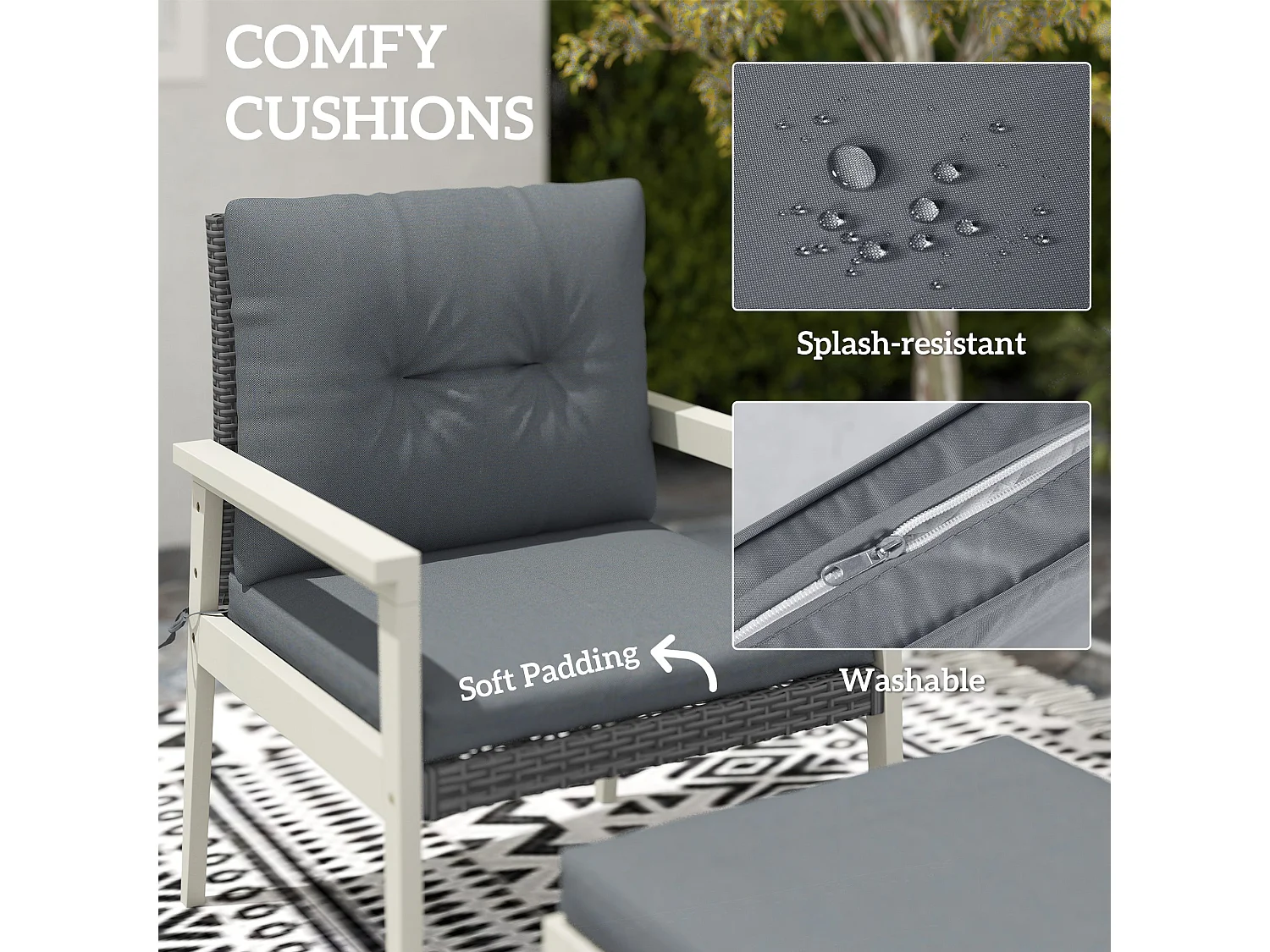 Nosalu Grey Rattan 5 Piece Outdoor Bistro Set with Acacia Table and Footstools