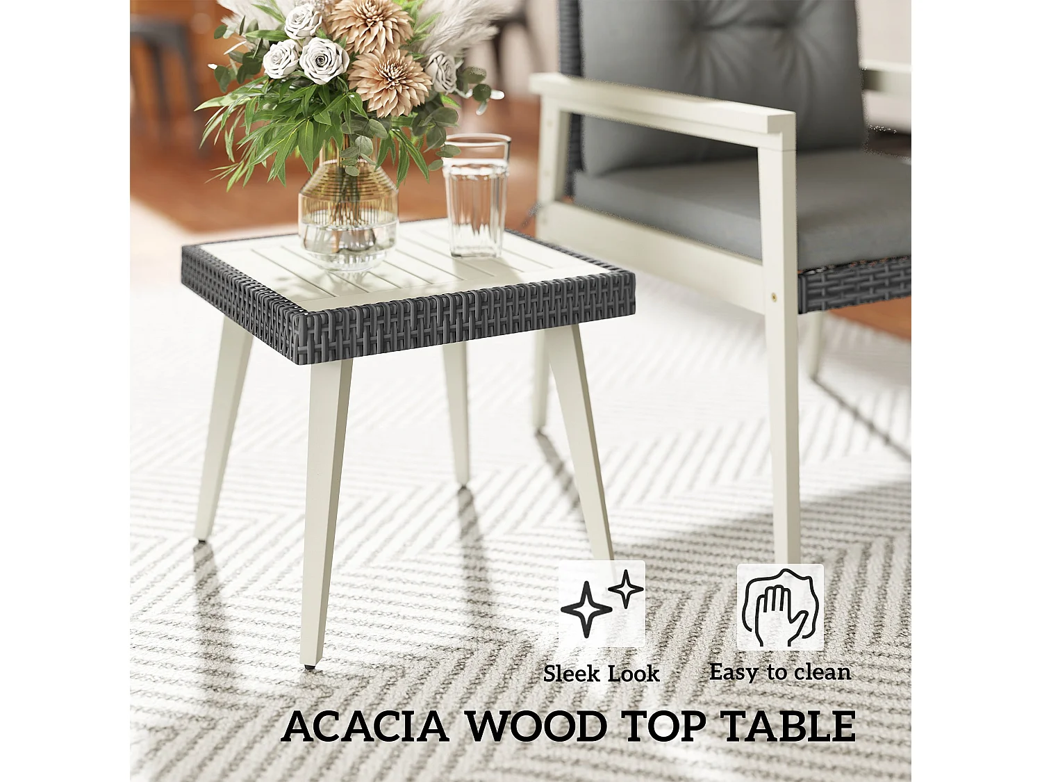 Nosalu Grey Rattan 5 Piece Outdoor Bistro Set with Acacia Table and Footstools