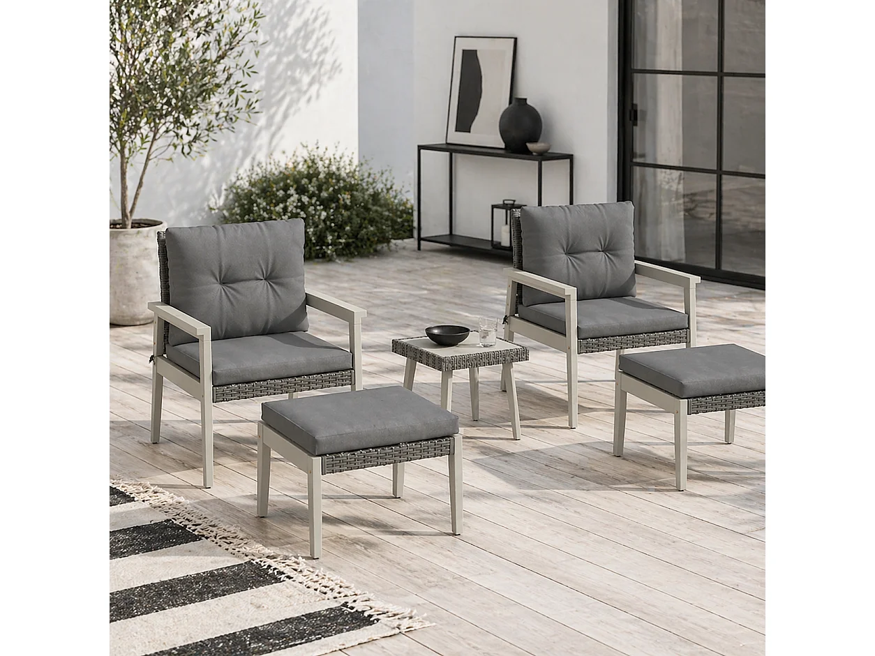 Nosalu Grey Rattan 5 Piece Outdoor Bistro Set with Acacia Table and Footstools