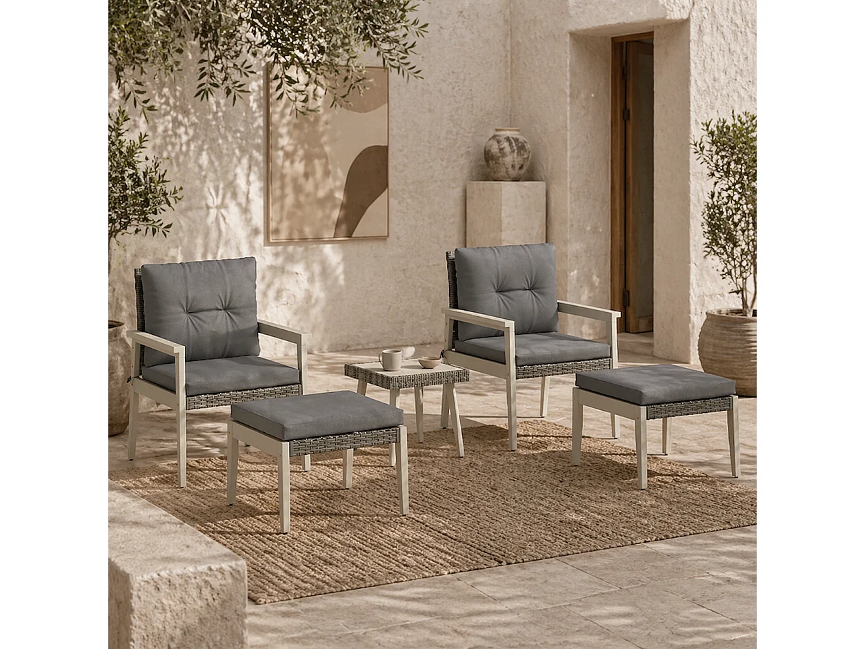 Nosalu Grey Rattan 5 Piece Outdoor Bistro Set with Acacia Table and Footstools