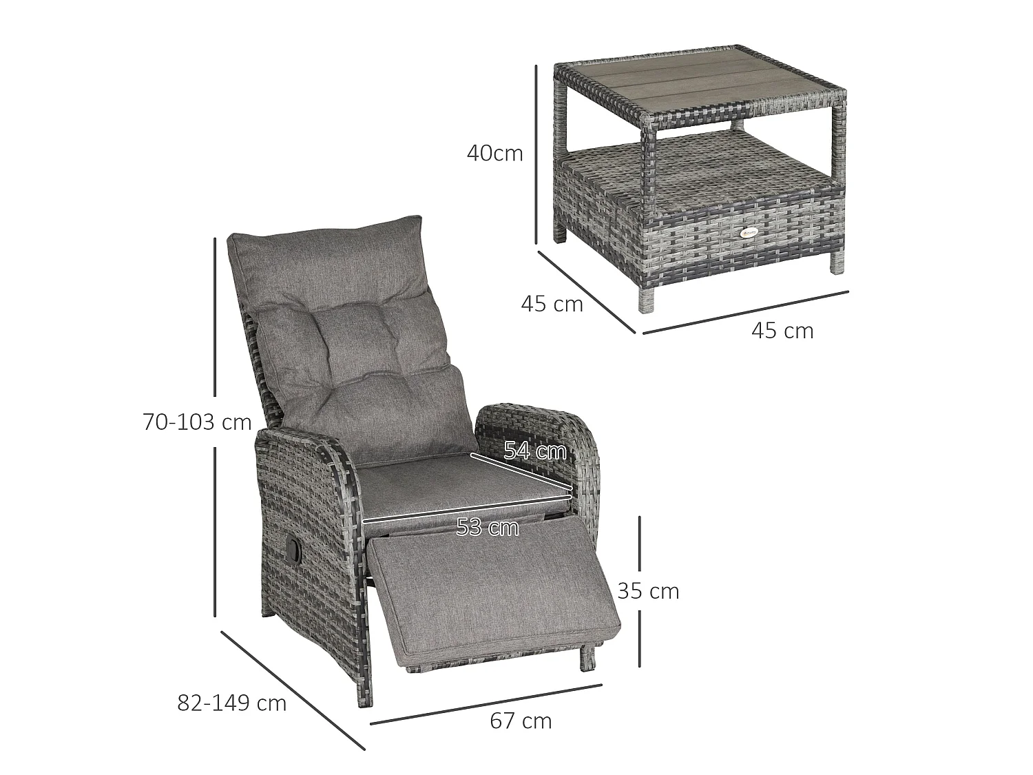 Nodika Grey PE Rattan 2 Seater Outdoor Bistro Set with Reclining Armchairs and Two Tier Table