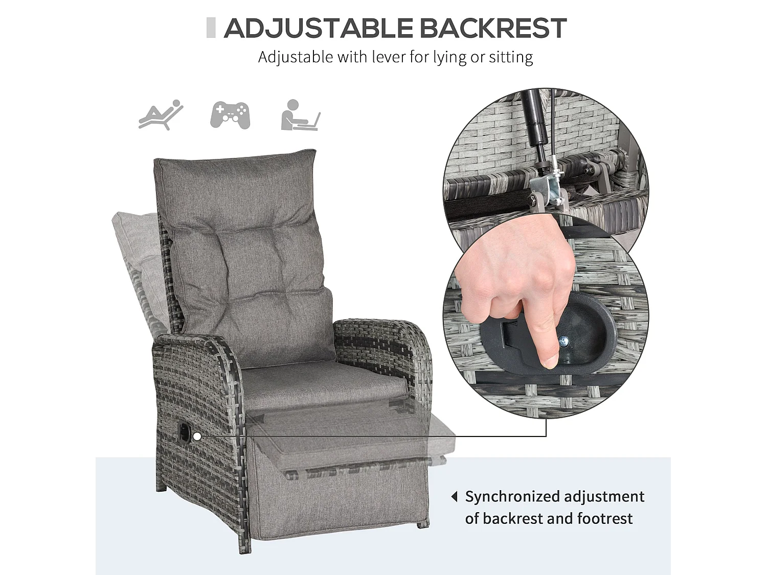 Nodika Grey PE Rattan 2 Seater Outdoor Bistro Set with Reclining Armchairs and Two Tier Table