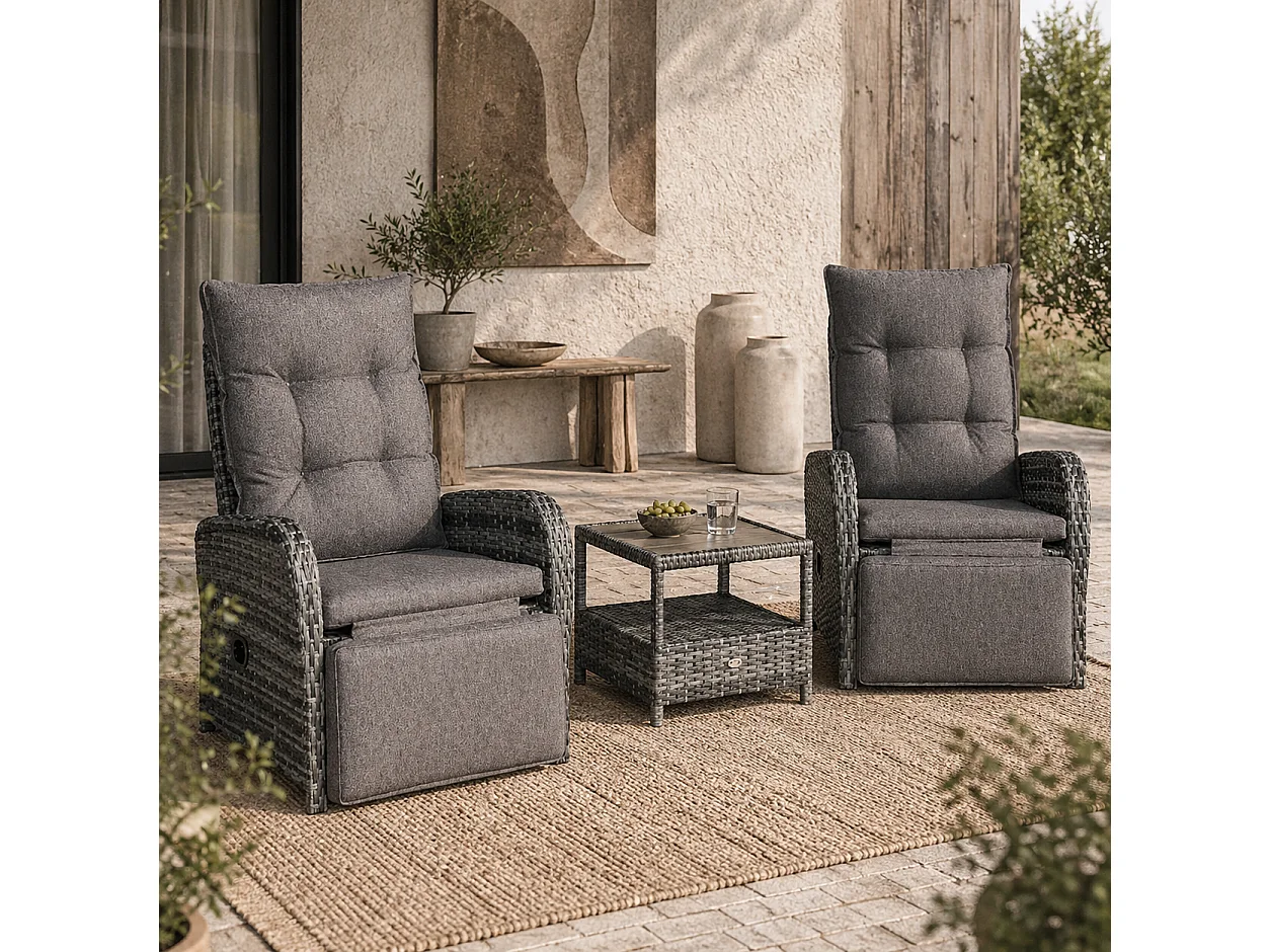 Nodika Grey PE Rattan 2 Seater Outdoor Bistro Set with Reclining Armchairs and Two Tier Table