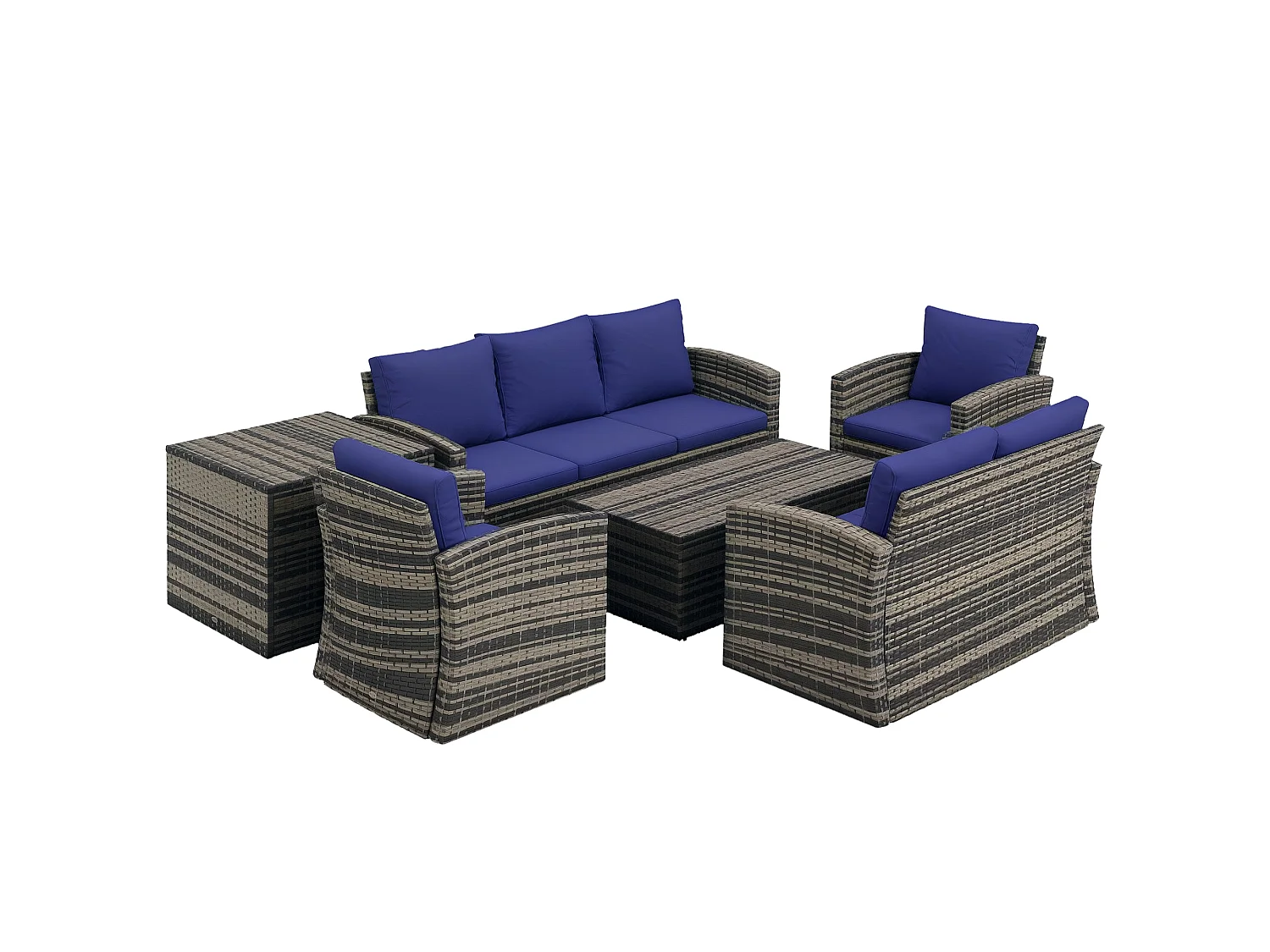 Resuno 7 Seater Grey PE Rattan Outdoor Sofa Set with Navy Cushions and Built in Storage