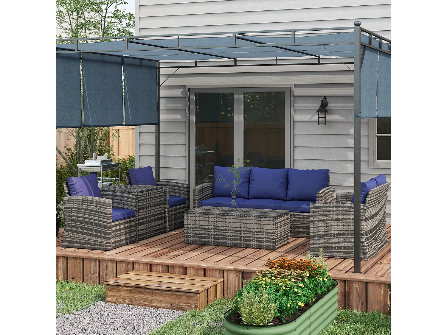 Resuno 7 Seater Grey PE Rattan Outdoor Sofa Set with Navy Cushions and Built in Storage