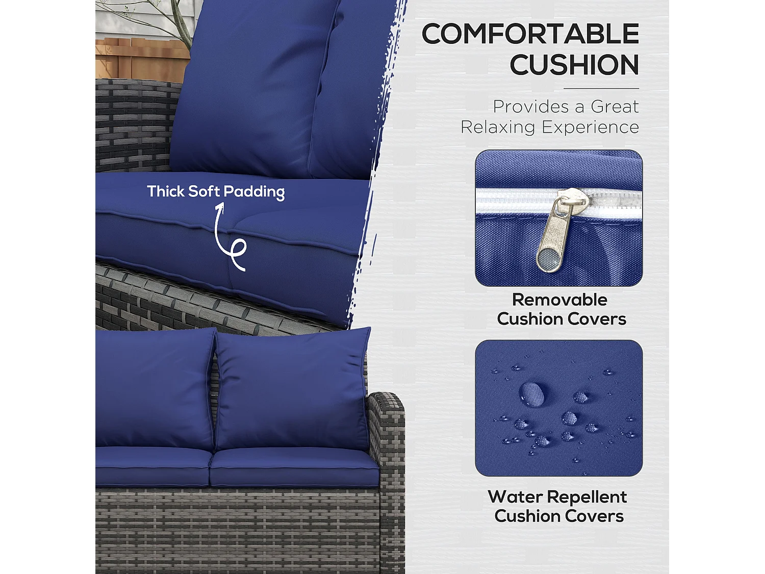 Resuno 7 Seater Grey PE Rattan Outdoor Sofa Set with Navy Cushions and Built in Storage