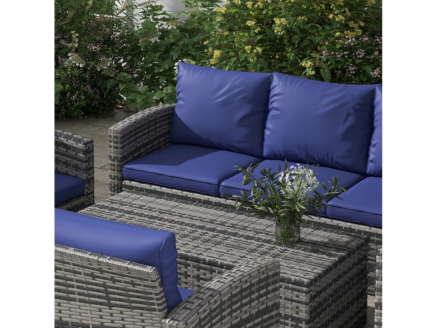 Resuno 7 Seater Grey PE Rattan Outdoor Sofa Set with Navy Cushions and Built in Storage