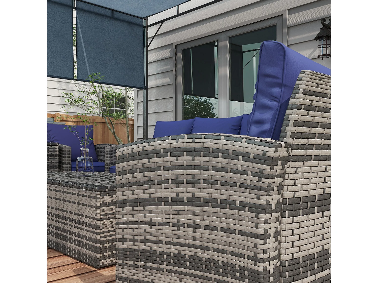 Resuno 7 Seater Grey PE Rattan Outdoor Sofa Set with Navy Cushions and Built in Storage