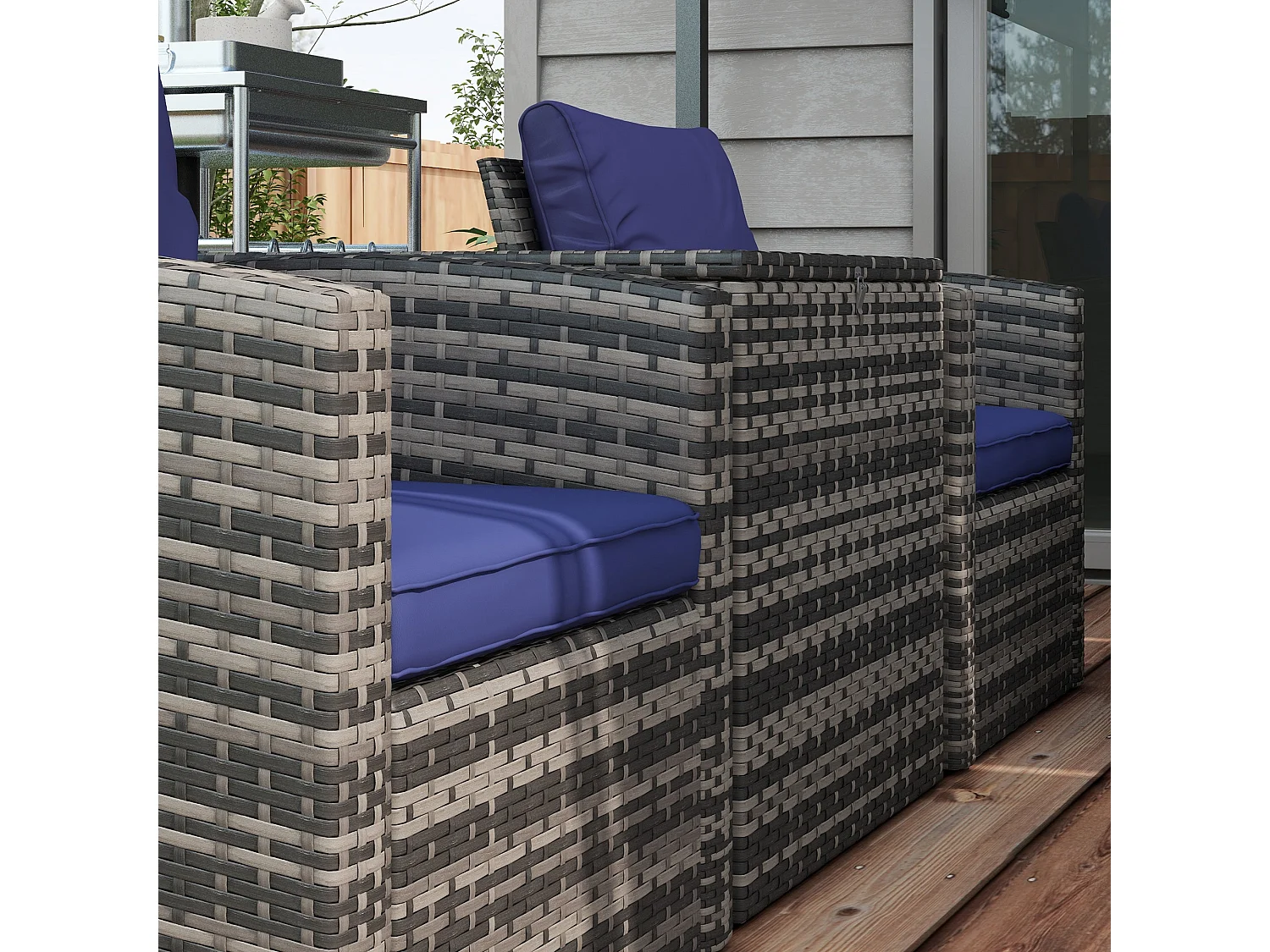Resuno 7 Seater Grey PE Rattan Outdoor Sofa Set with Navy Cushions and Built in Storage