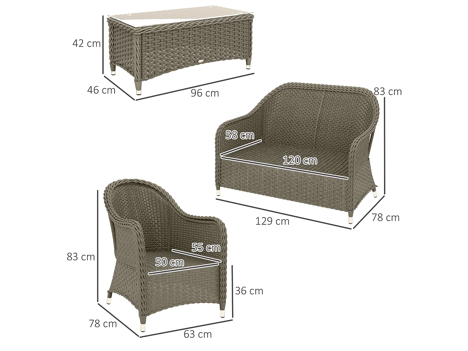 Nirato Grey Rattan 4 Seater Outdoor Sofa Set with Rectangular Glass Coffee Table
