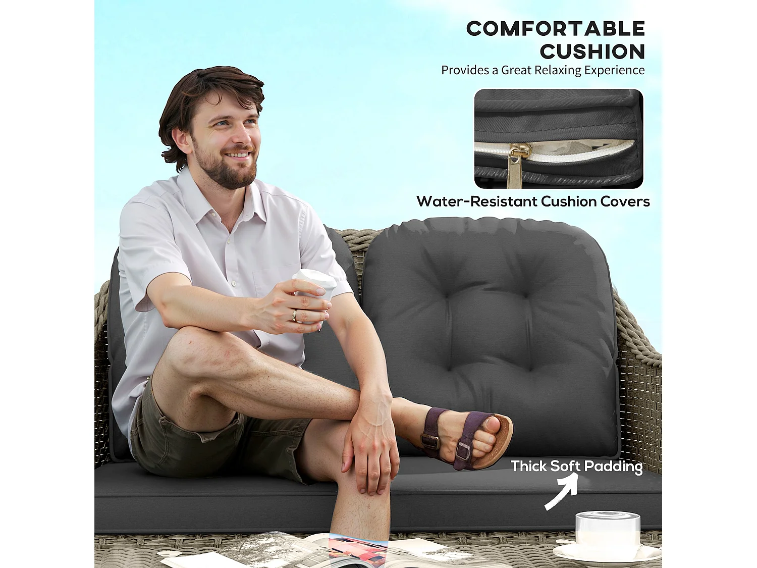 Nirato Grey Rattan 4 Seater Outdoor Sofa Set with Rectangular Glass Coffee Table