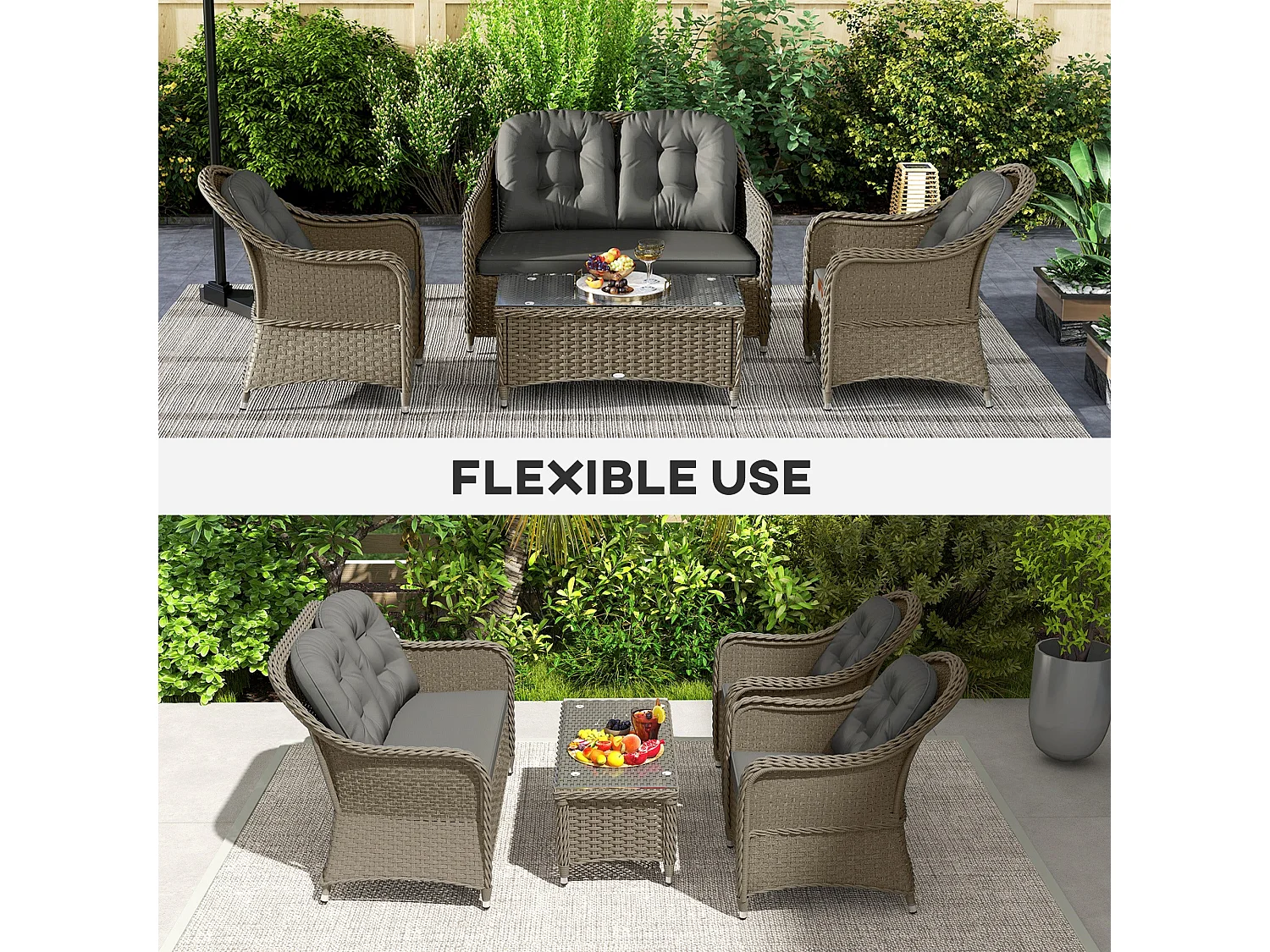 Nirato Grey Rattan 4 Seater Outdoor Sofa Set with Rectangular Glass Coffee Table