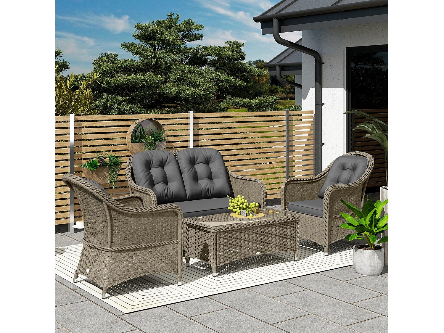 Nirato Grey Rattan 4 Seater Outdoor Sofa Set with Rectangular Glass Coffee Table