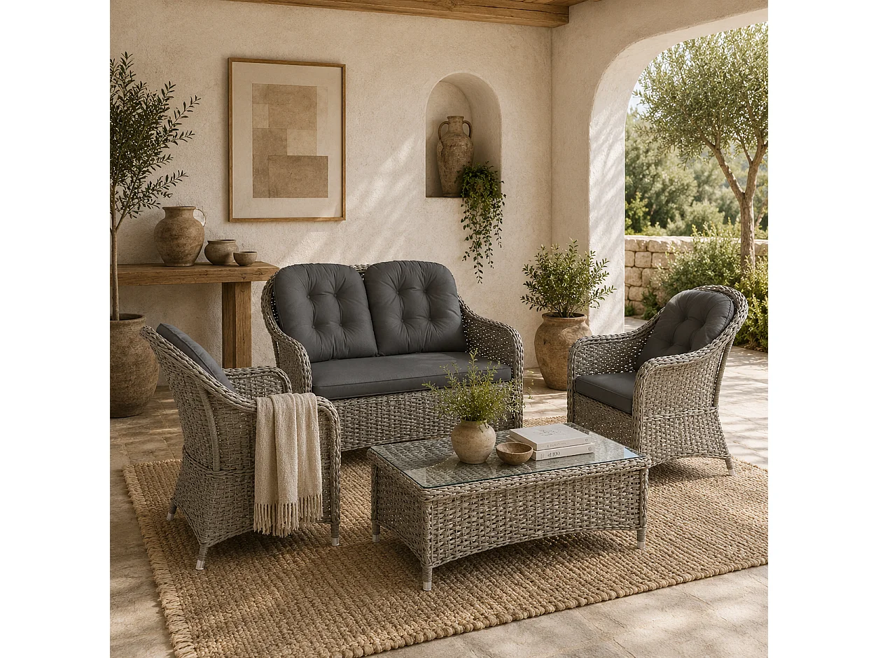 Nirato Grey Rattan 4 Seater Outdoor Sofa Set with Rectangular Glass Coffee Table
