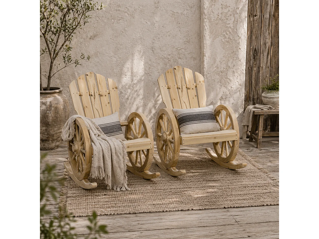 Bamo Set of 2 Natural Fir Wood Rocking Adirondack Chairs with Reclining Back