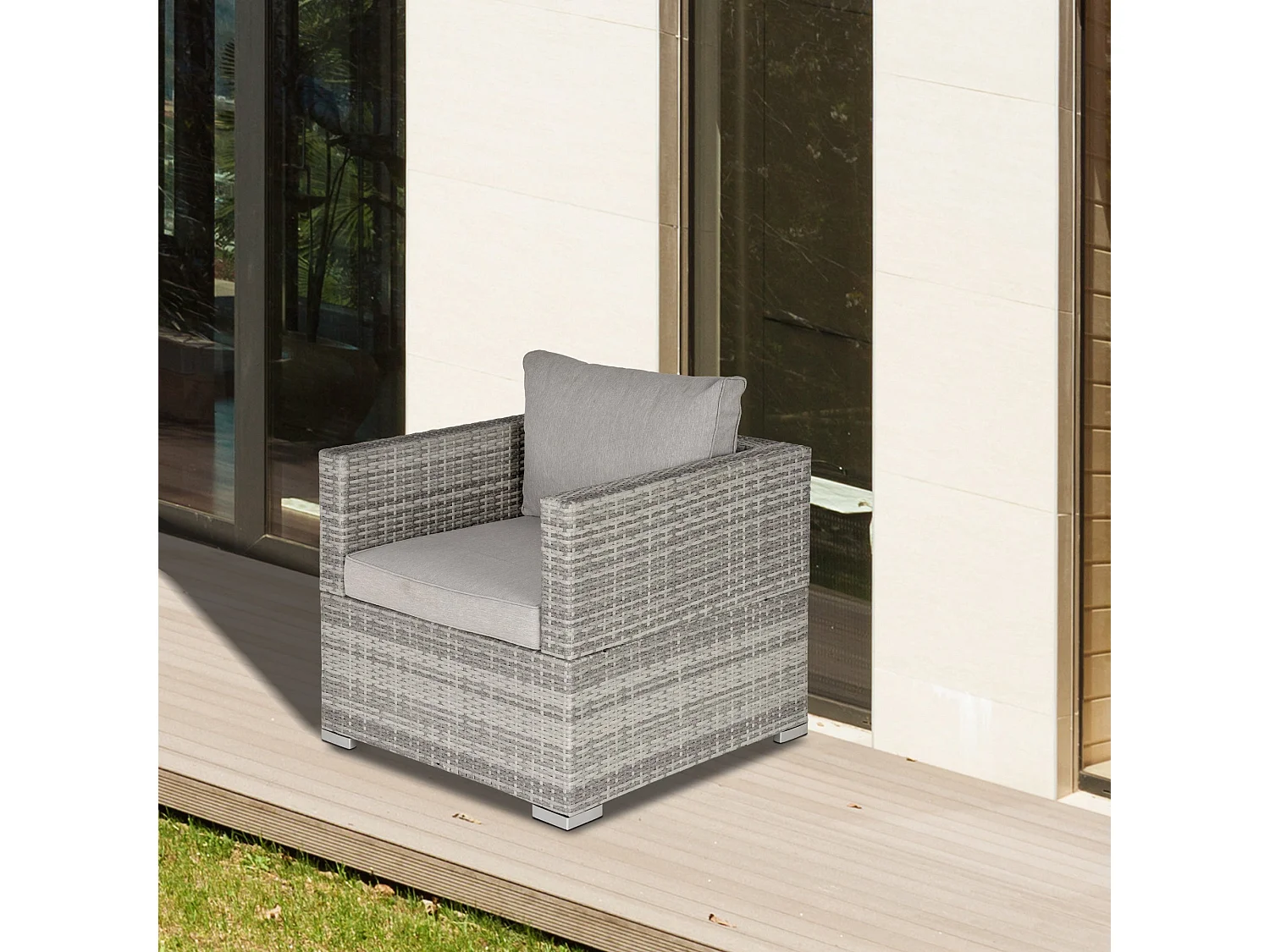 Karettano Grey Rattan Outdoor Armchair with Cushions and Armrests