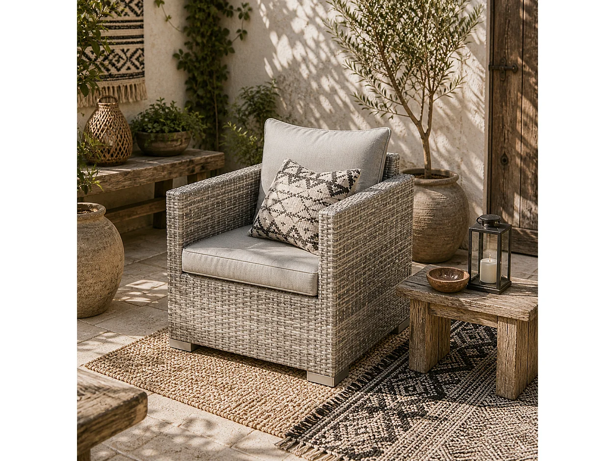 Karettano Grey Rattan Outdoor Armchair with Cushions and Armrests