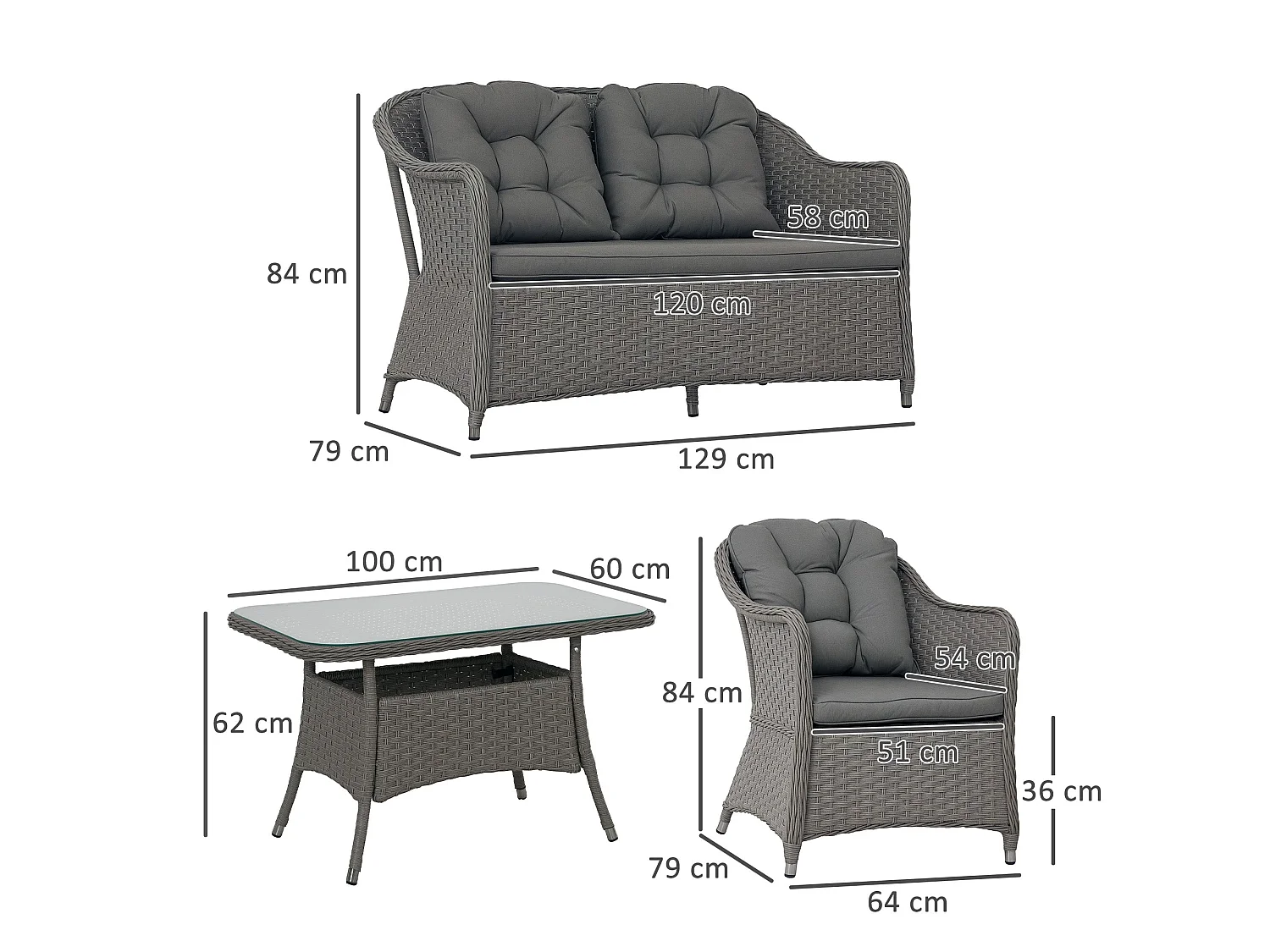 Fasake 4 Piece Light Grey Rattan Lounge Set with Glass Top Table