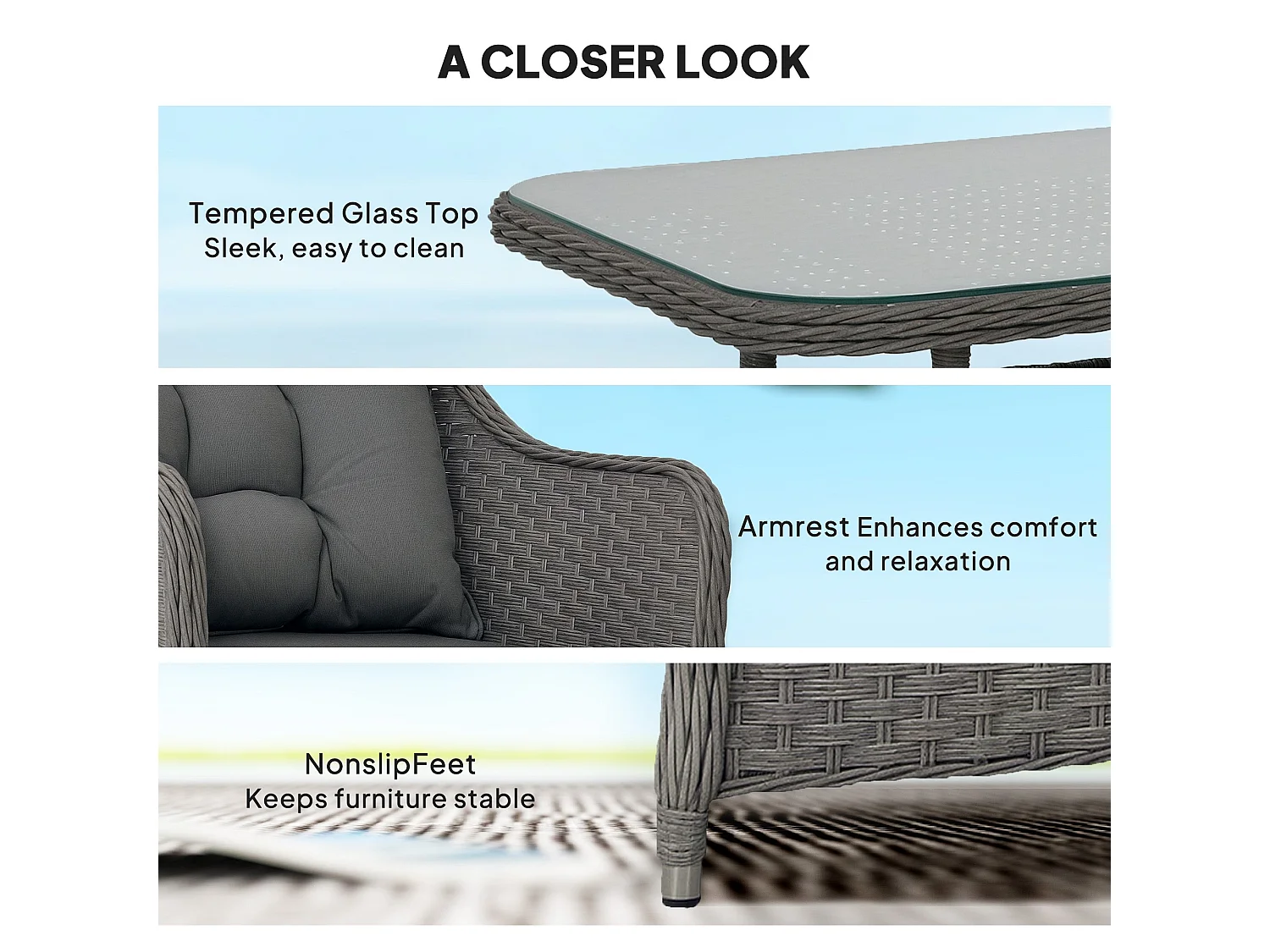 Fasake 4 Piece Light Grey Rattan Lounge Set with Glass Top Table