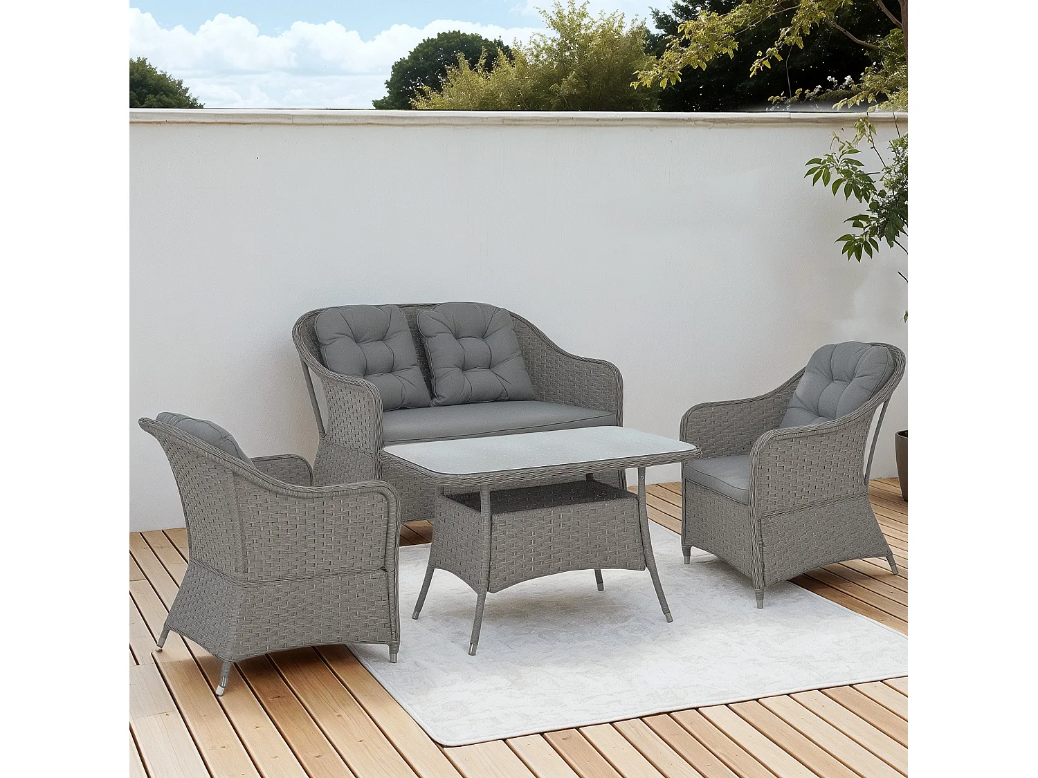 Fasake 4 Piece Light Grey Rattan Lounge Set with Glass Top Table
