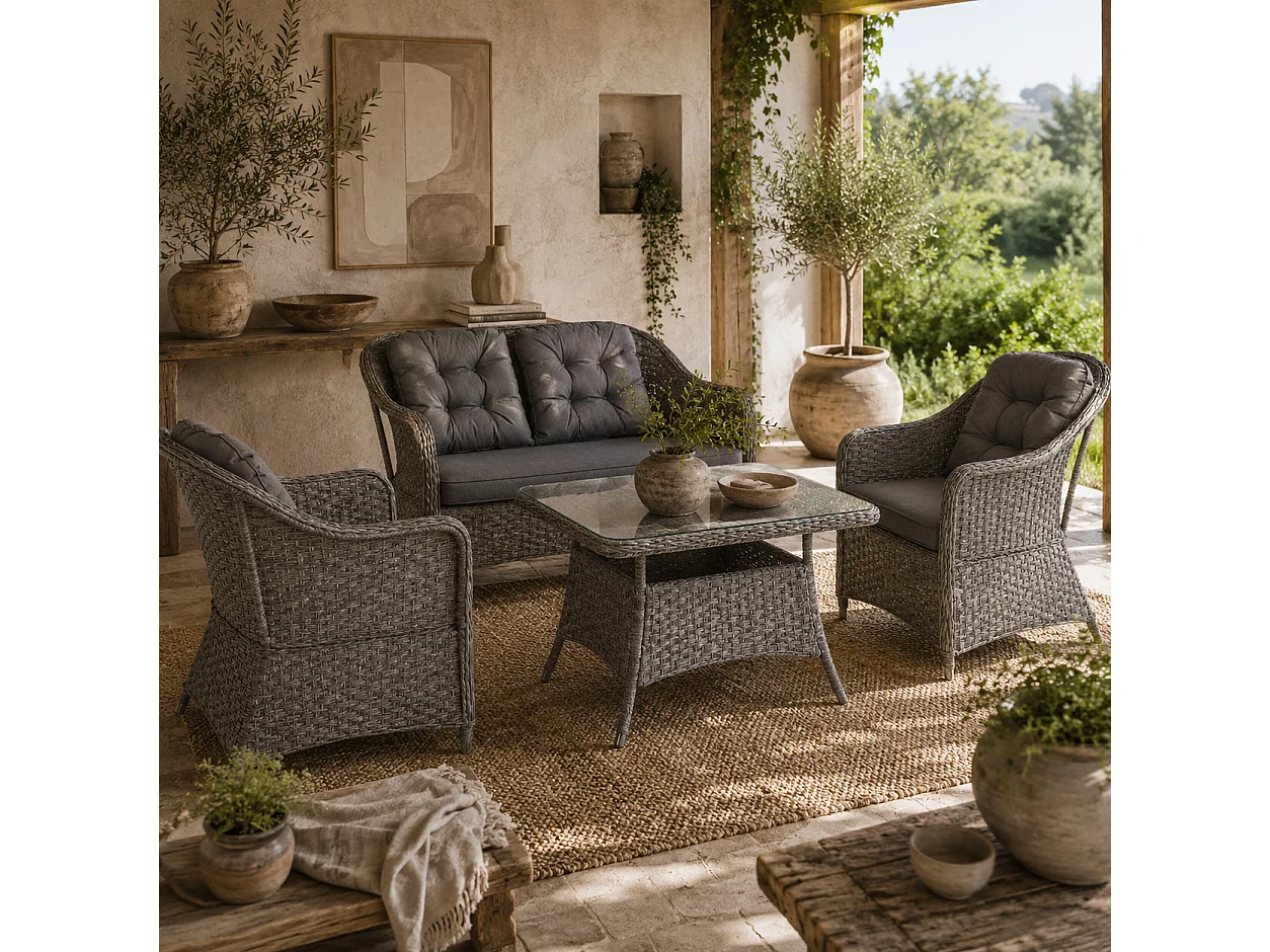 Fasake 4 Piece Light Grey Rattan Lounge Set with Glass Top Table