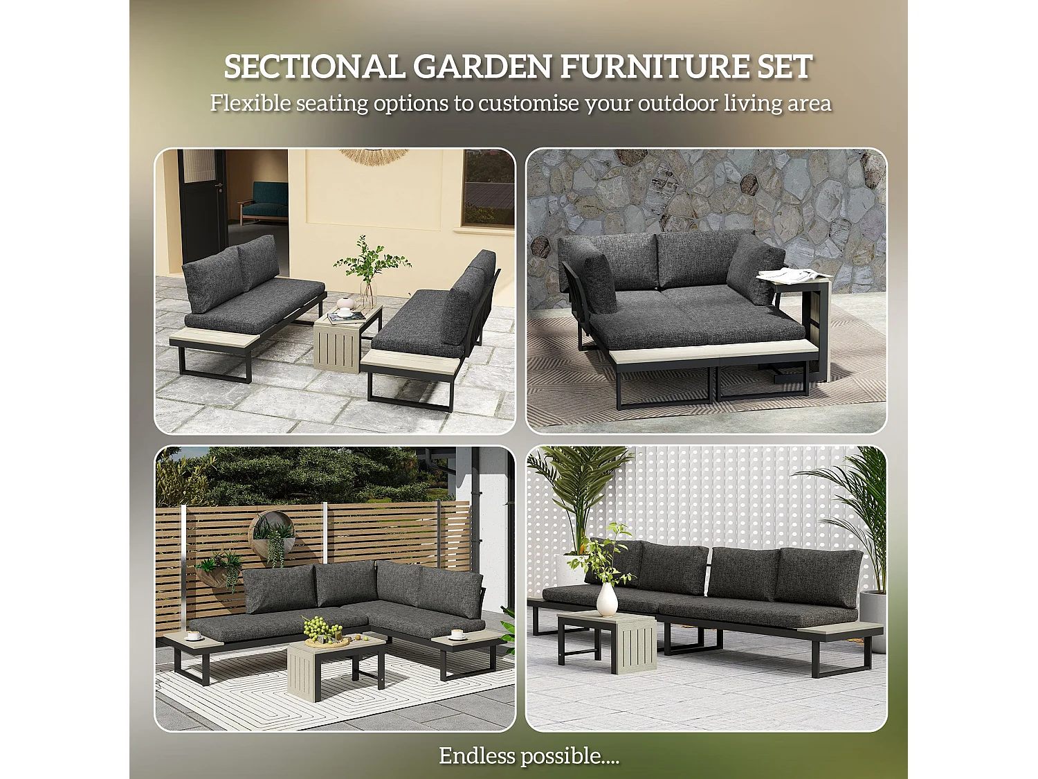 Maluki 4 Seater L Shaped Aluminium Garden Sofa Set Dark Grey
