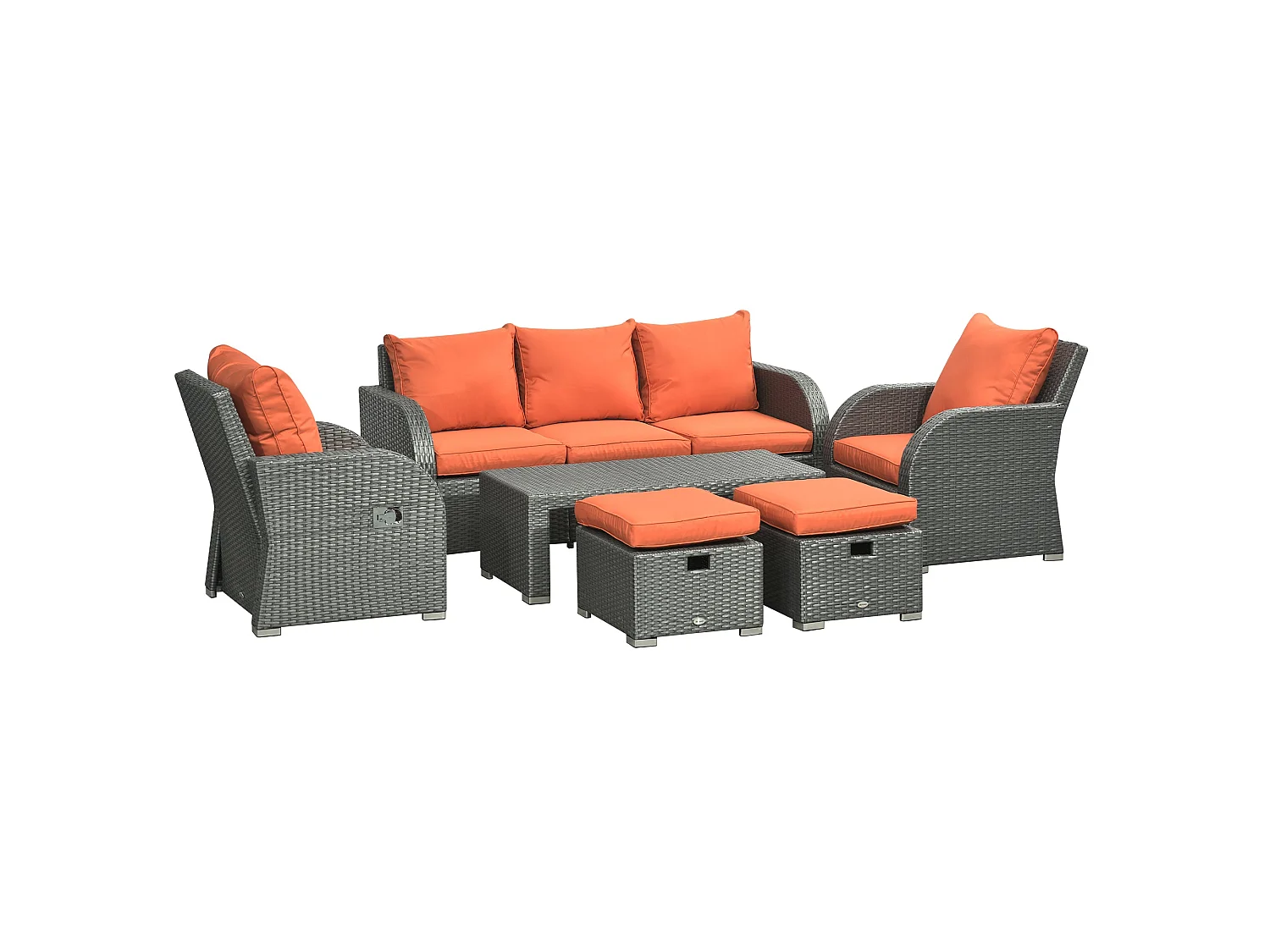 Lerami 7 Seater Orange Rattan Garden Sofa Set with Reclining Armchairs and Footstools