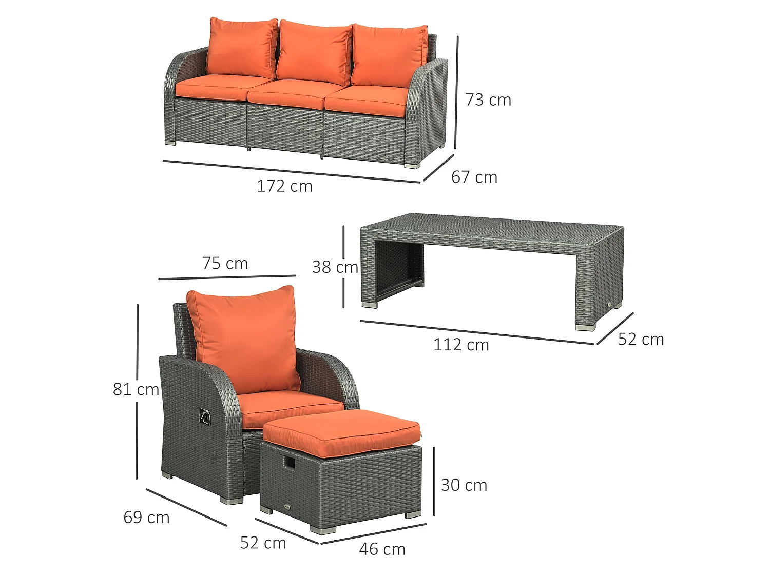 Lerami 7 Seater Orange Rattan Garden Sofa Set with Reclining Armchairs and Footstools