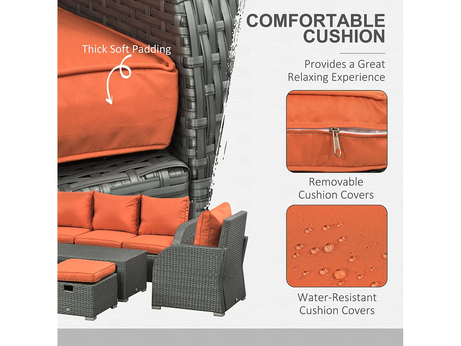 Lerami 7 Seater Orange Rattan Garden Sofa Set with Reclining Armchairs and Footstools