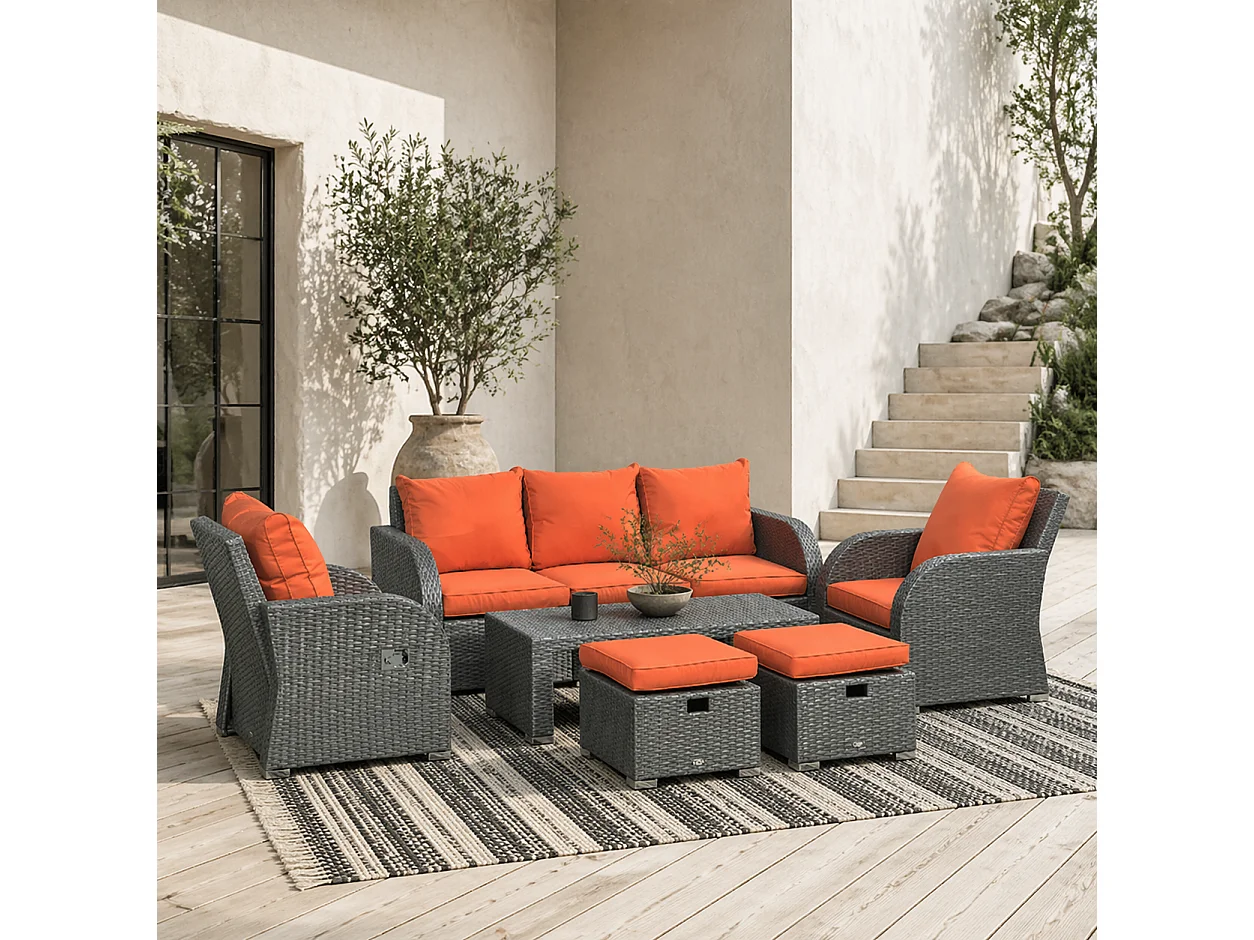 Lerami 7 Seater Orange Rattan Garden Sofa Set with Reclining Armchairs and Footstools
