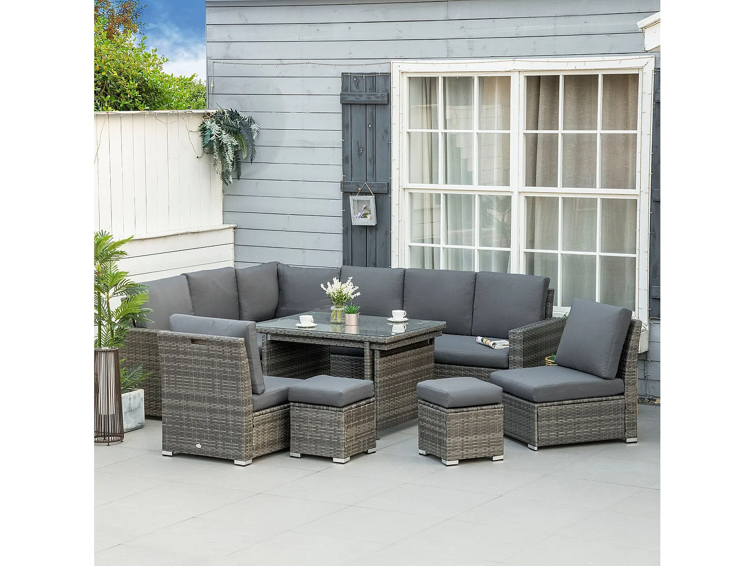Rokane Grey Rattan 10 Seater Modular Garden Sofa Set with Extending Dining Table