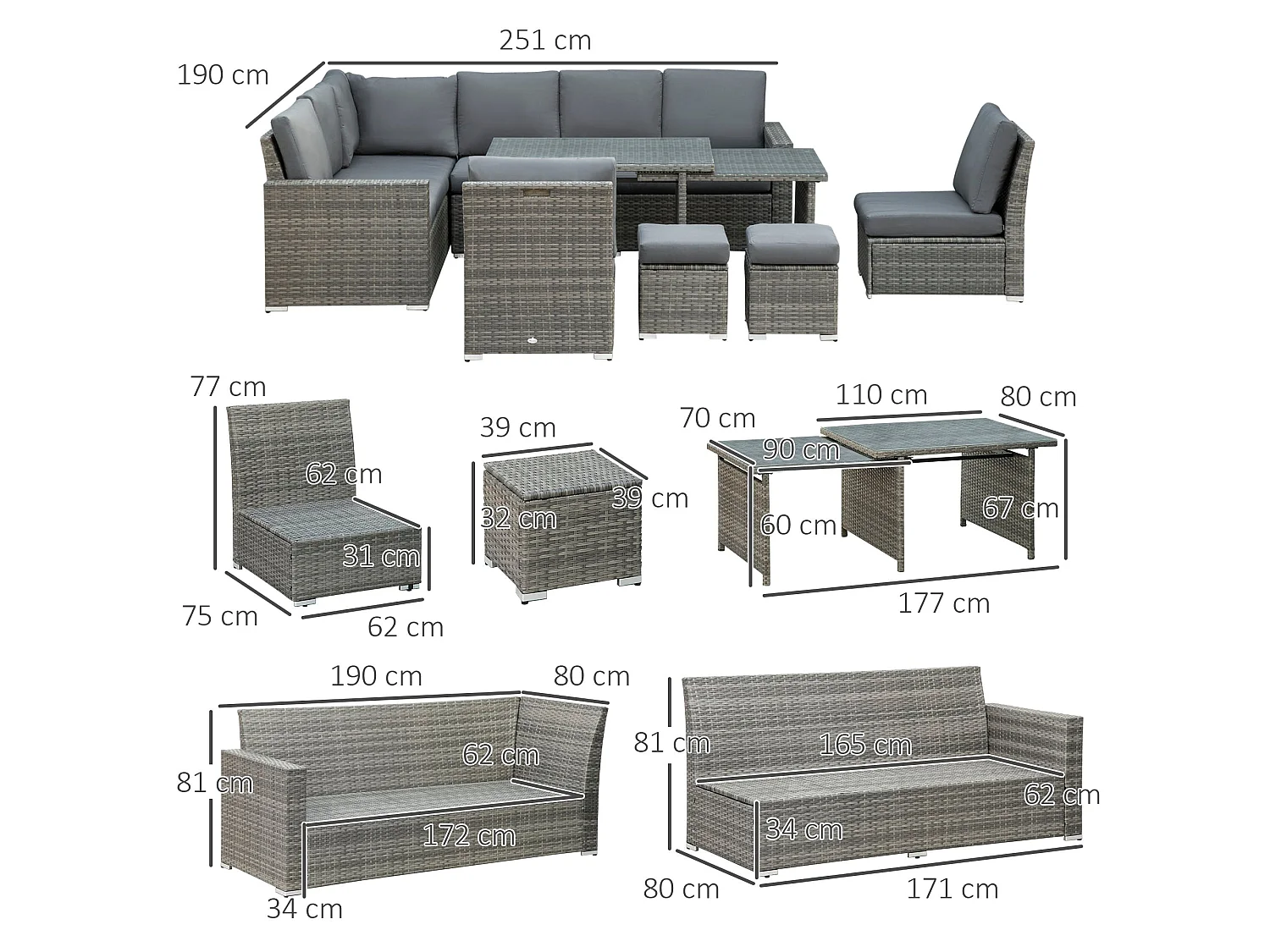 Rokane Grey Rattan 10 Seater Modular Garden Sofa Set with Extending Dining Table